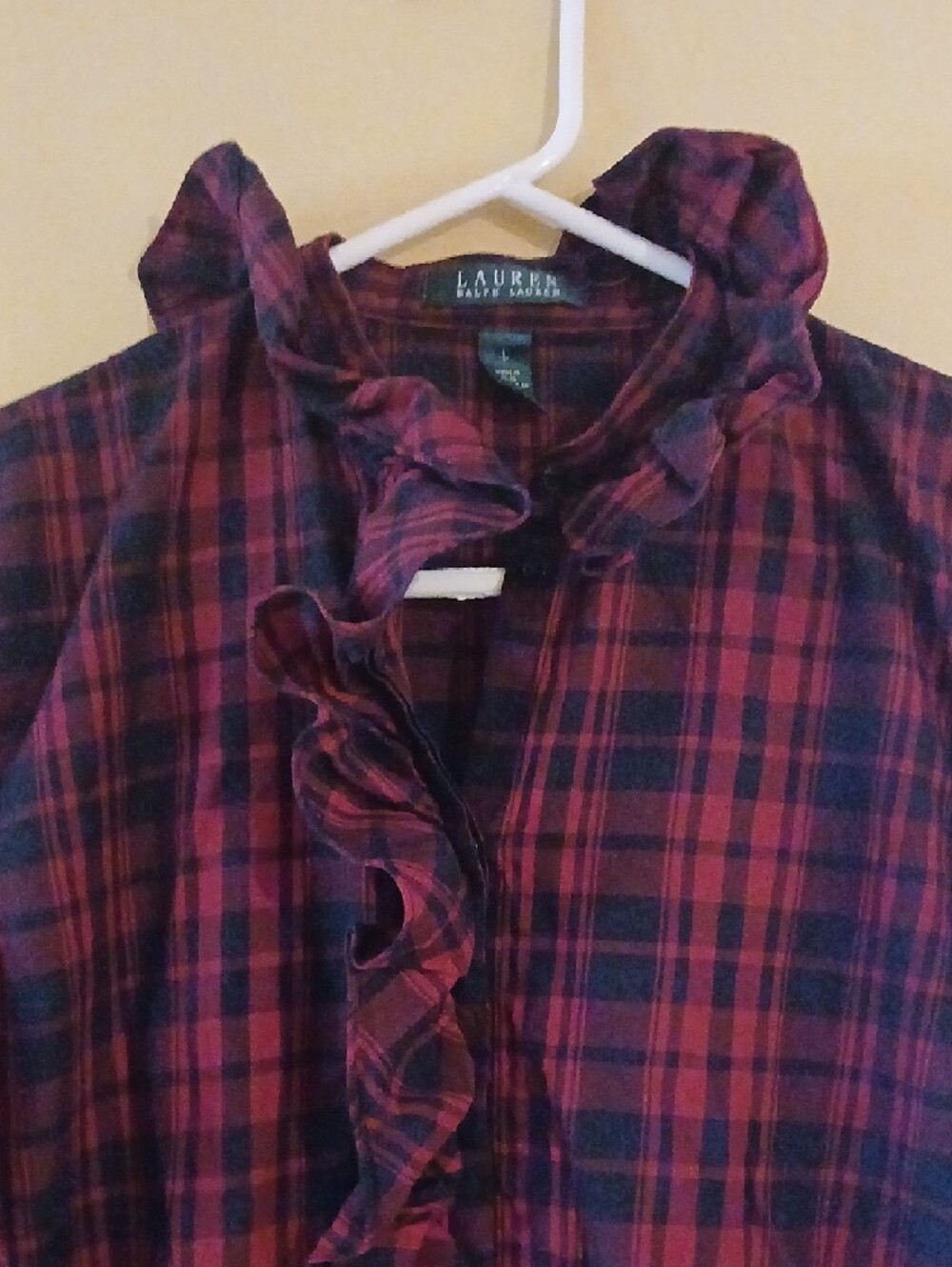 Lauren by Ralph Lauren Ruffled Plaid Long-Sleeve Shirt ■ Red & Black Size L - Picture 2 of 6